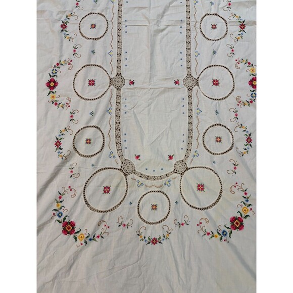 Handmade Embroidered Tablecloth Cross Stitch Floral Crochet Rectangle 100 x 63" - Picture 4 of 5